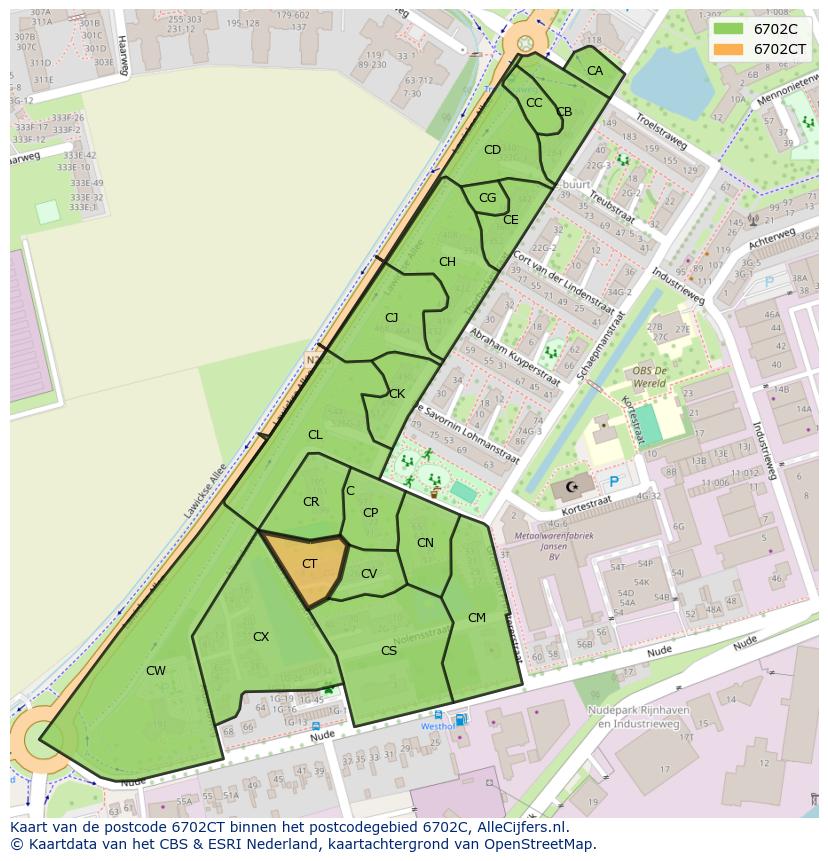 Afbeelding van het postcodegebied 6702 CT op de kaart.