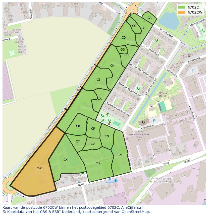 Afbeelding van het postcodegebied 6702 CW op de kaart.