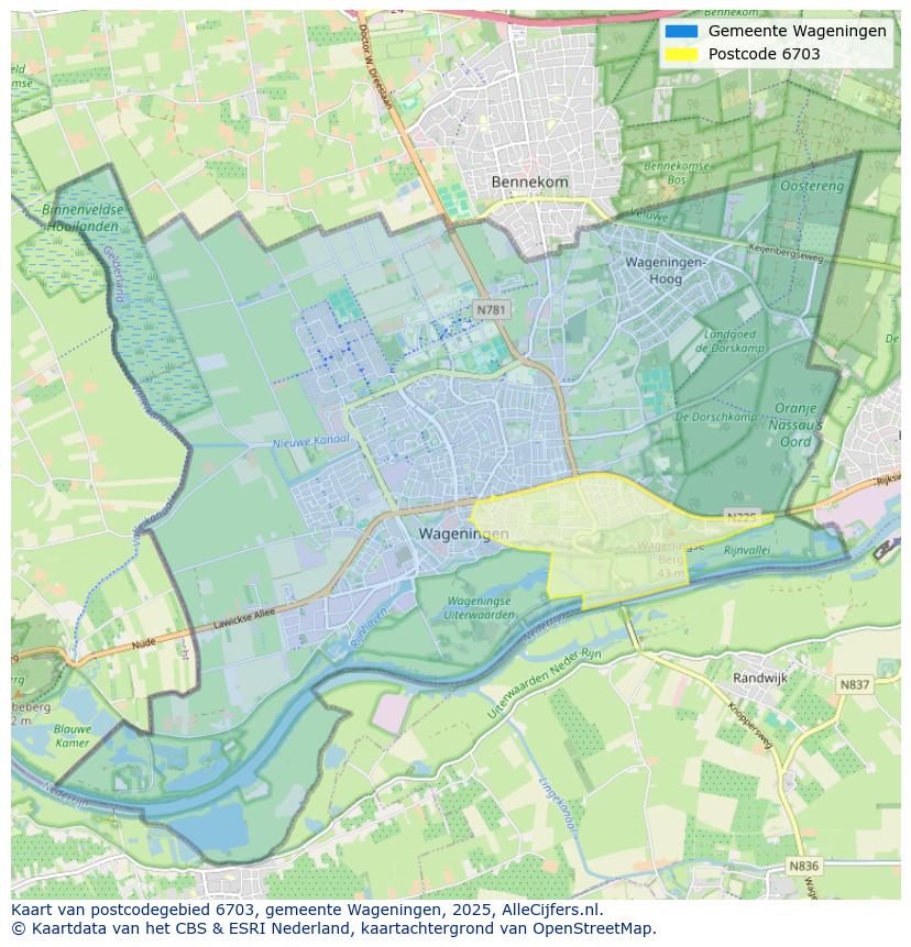 Afbeelding van het postcodegebied 6703 op de kaart.