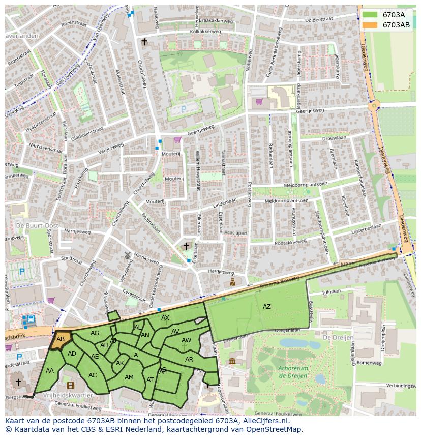 Afbeelding van het postcodegebied 6703 AB op de kaart.