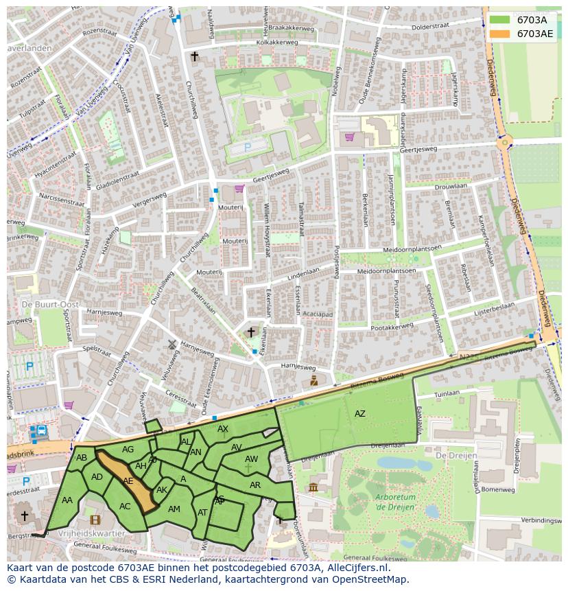 Afbeelding van het postcodegebied 6703 AE op de kaart.