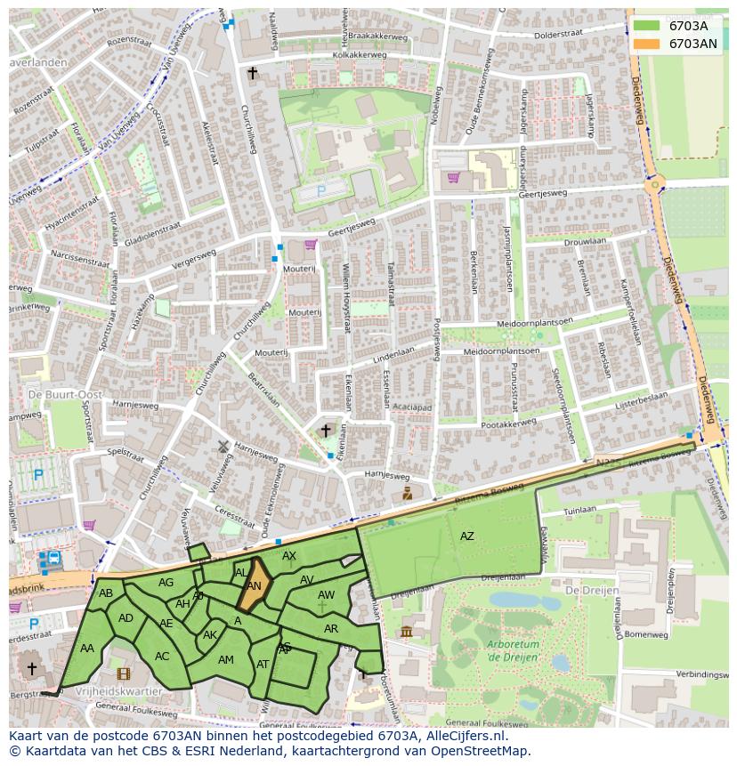 Afbeelding van het postcodegebied 6703 AN op de kaart.