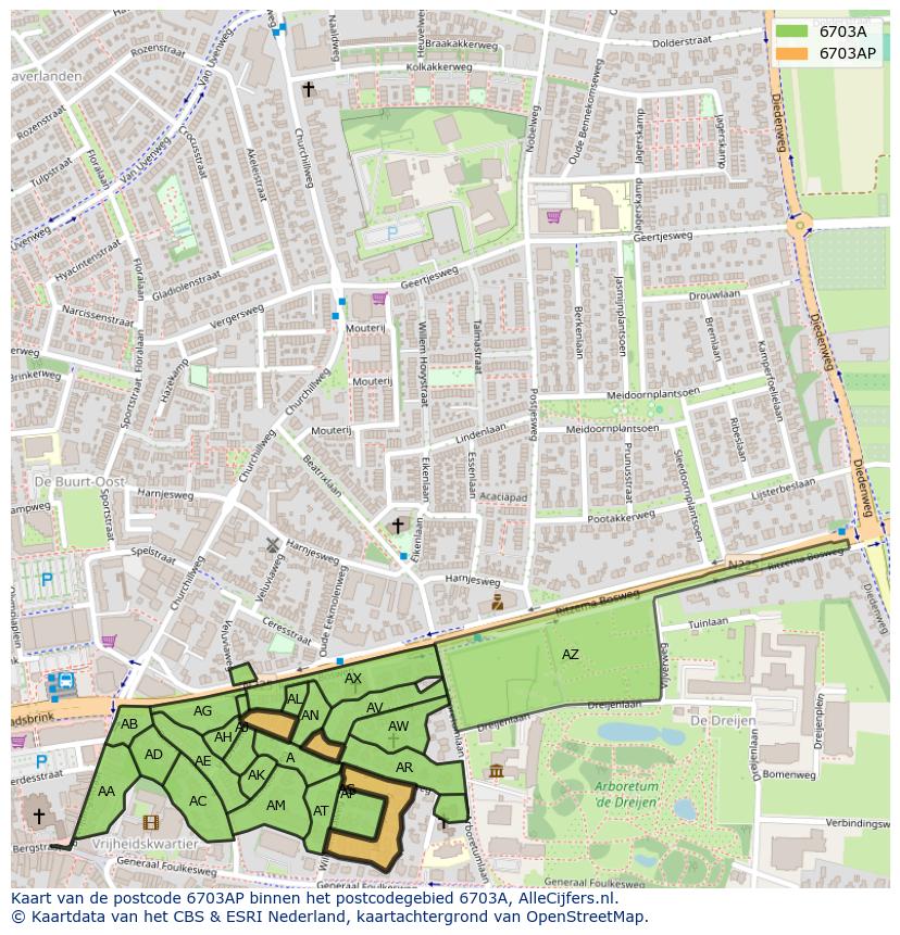 Afbeelding van het postcodegebied 6703 AP op de kaart.