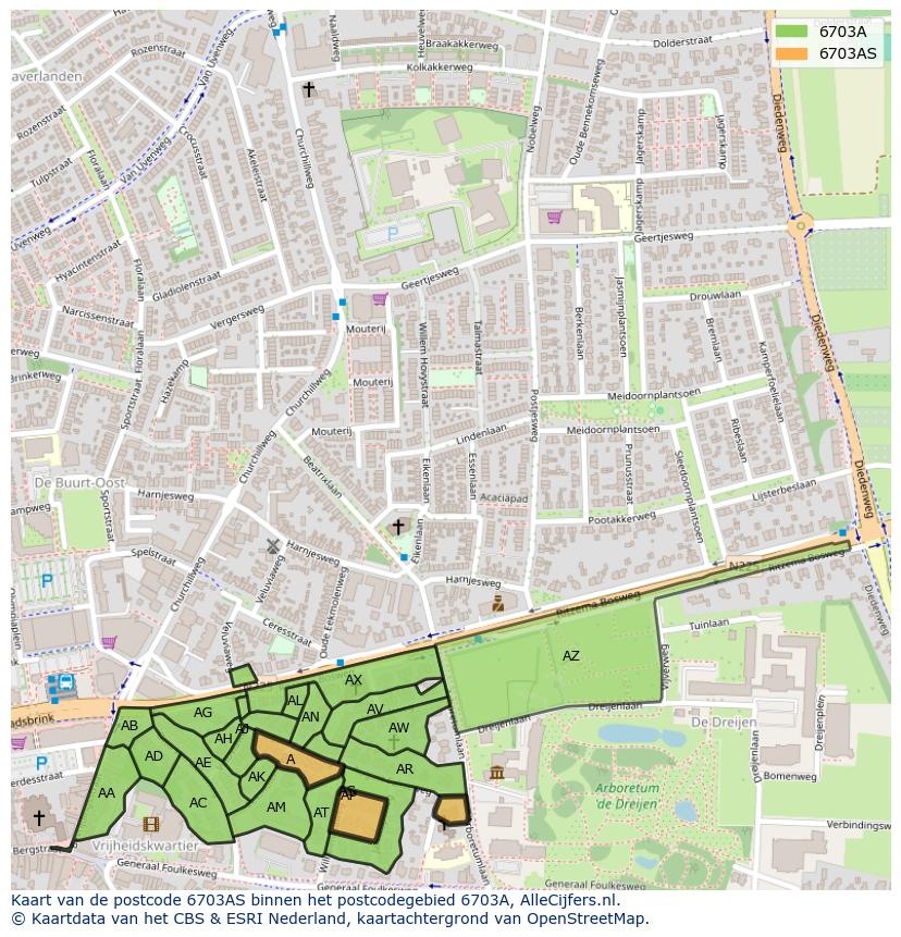 Afbeelding van het postcodegebied 6703 AS op de kaart.