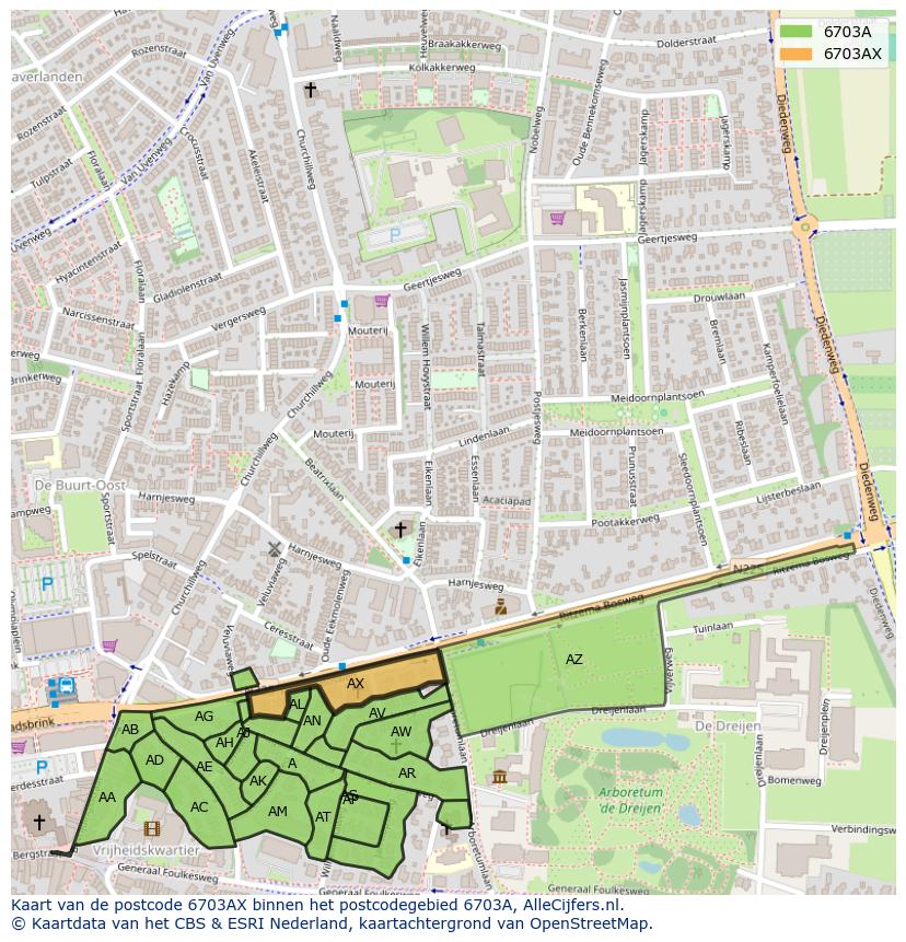 Afbeelding van het postcodegebied 6703 AX op de kaart.