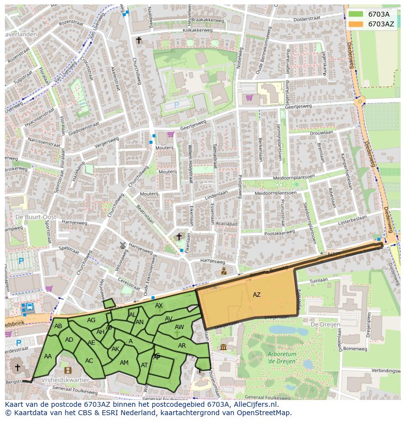 Afbeelding van het postcodegebied 6703 AZ op de kaart.