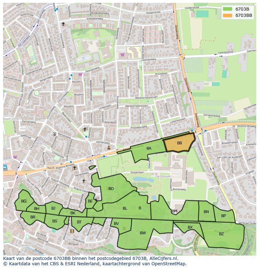 Afbeelding van het postcodegebied 6703 BB op de kaart.