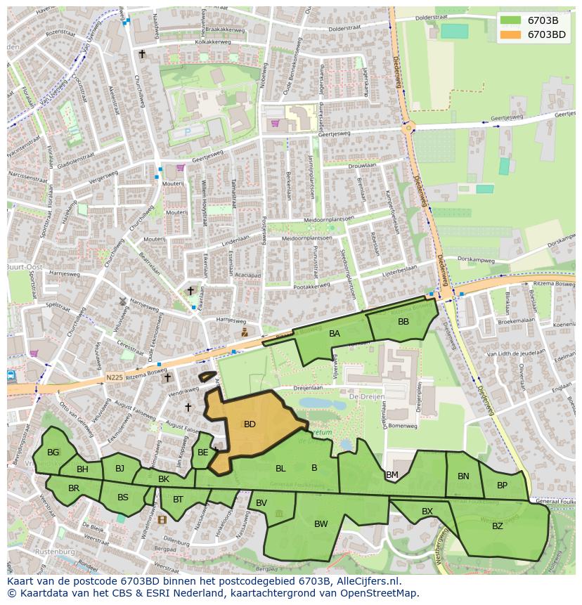 Afbeelding van het postcodegebied 6703 BD op de kaart.