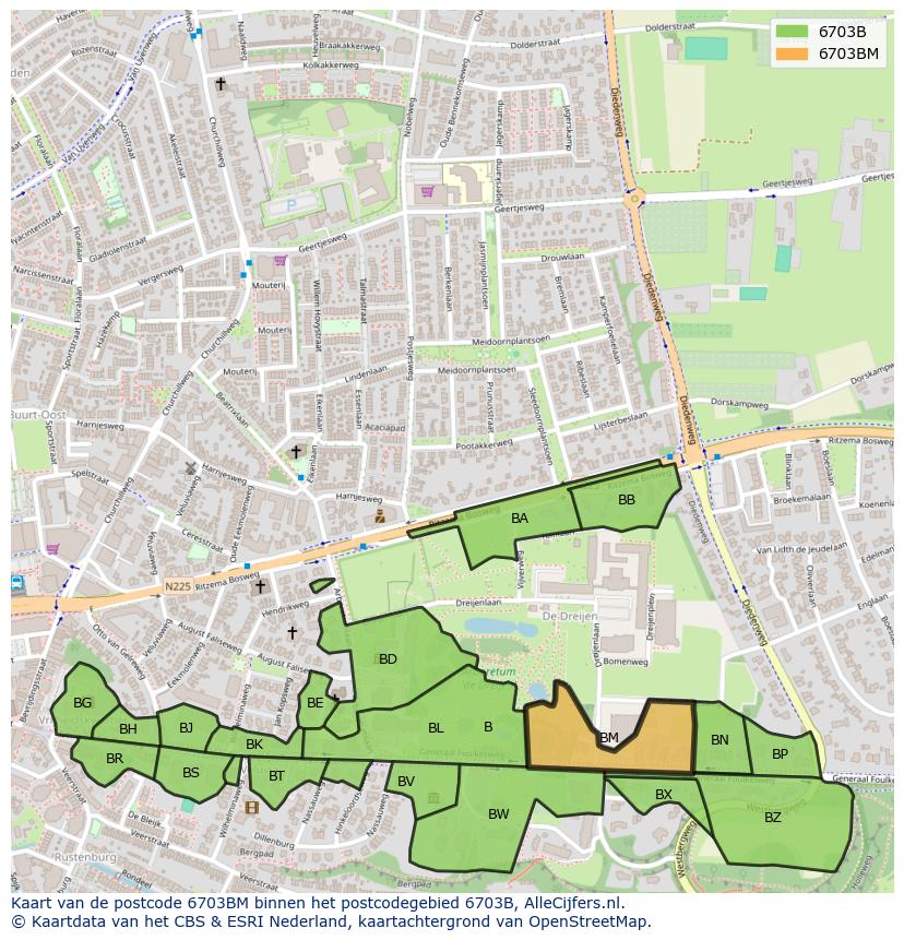 Afbeelding van het postcodegebied 6703 BM op de kaart.