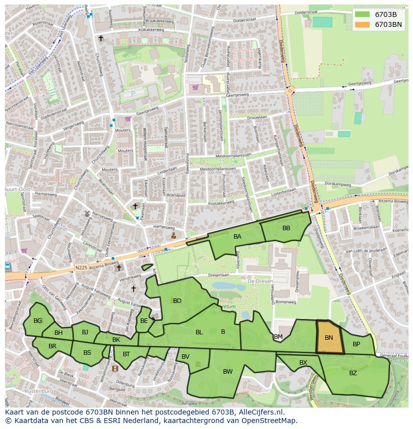 Afbeelding van het postcodegebied 6703 BN op de kaart.