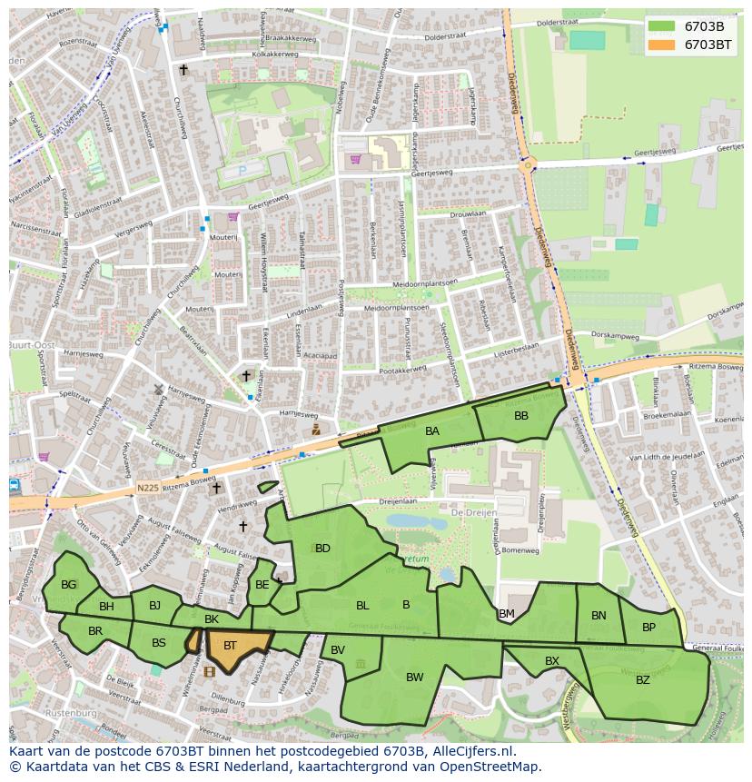 Afbeelding van het postcodegebied 6703 BT op de kaart.