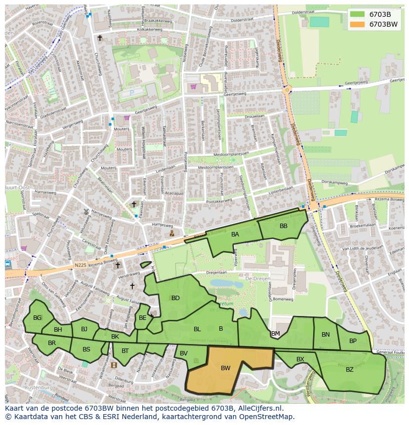 Afbeelding van het postcodegebied 6703 BW op de kaart.