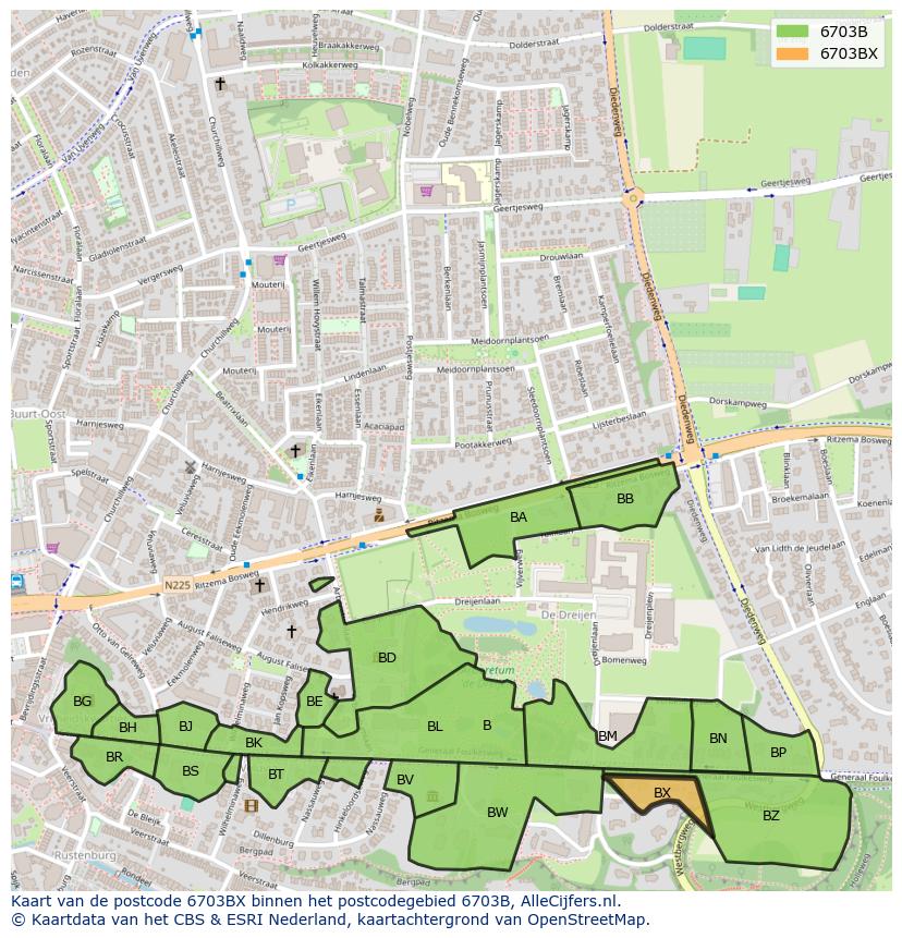 Afbeelding van het postcodegebied 6703 BX op de kaart.