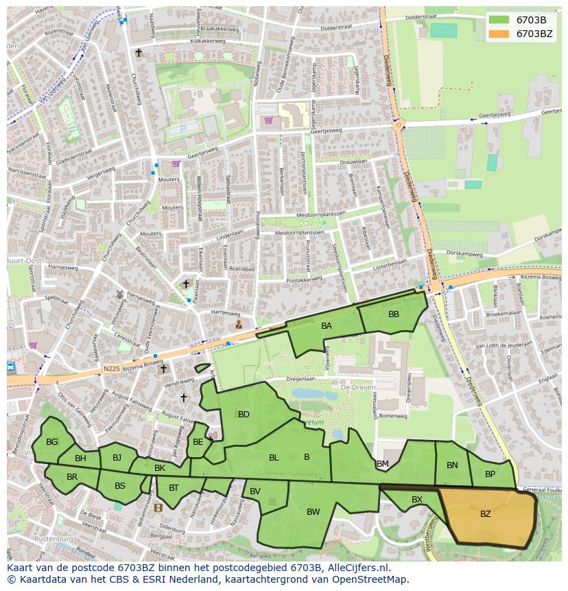 Afbeelding van het postcodegebied 6703 BZ op de kaart.