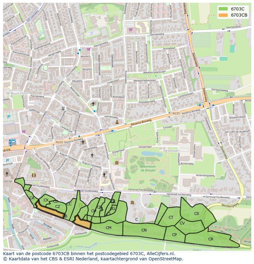 Afbeelding van het postcodegebied 6703 CB op de kaart.