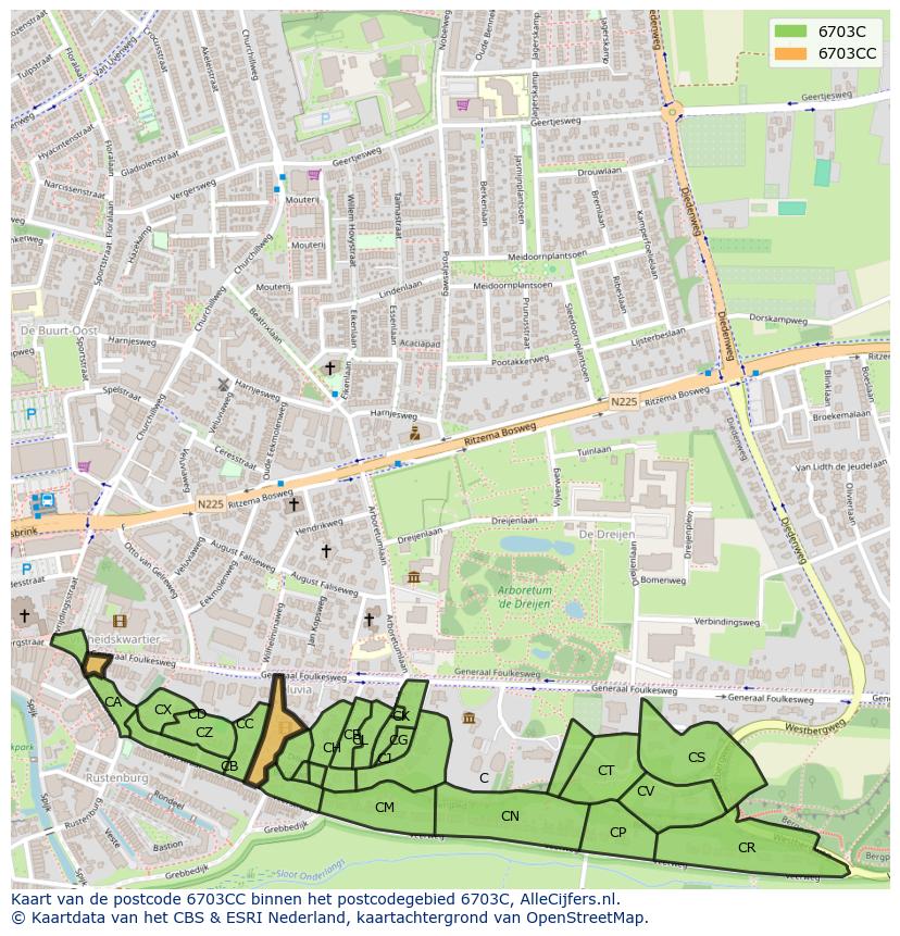 Afbeelding van het postcodegebied 6703 CC op de kaart.