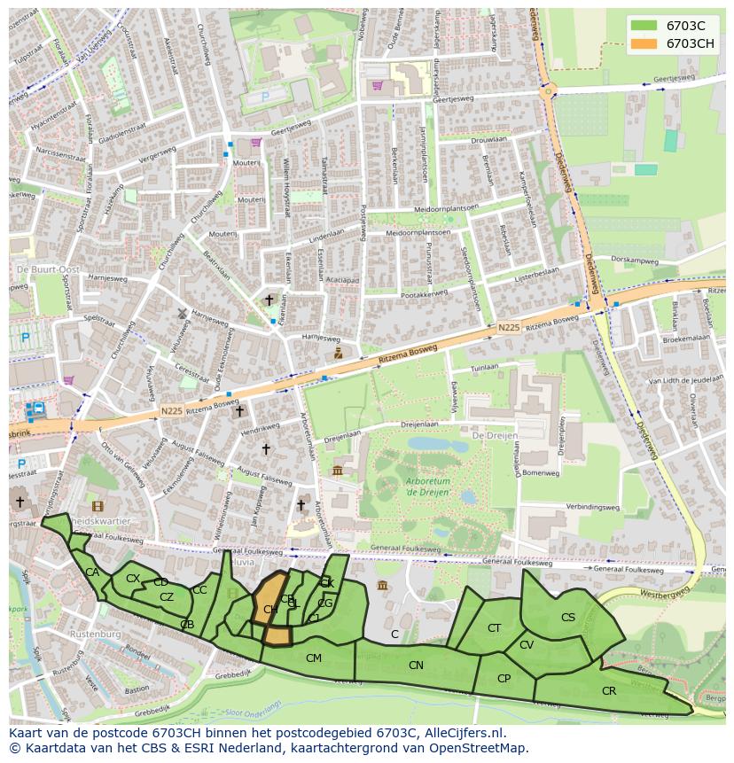Afbeelding van het postcodegebied 6703 CH op de kaart.