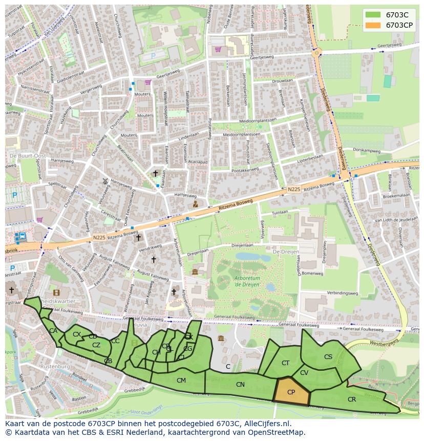 Afbeelding van het postcodegebied 6703 CP op de kaart.