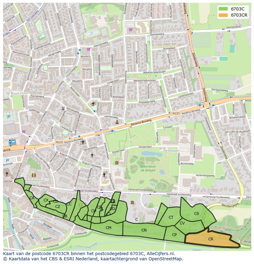 Afbeelding van het postcodegebied 6703 CR op de kaart.