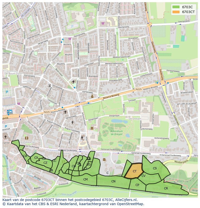 Afbeelding van het postcodegebied 6703 CT op de kaart.