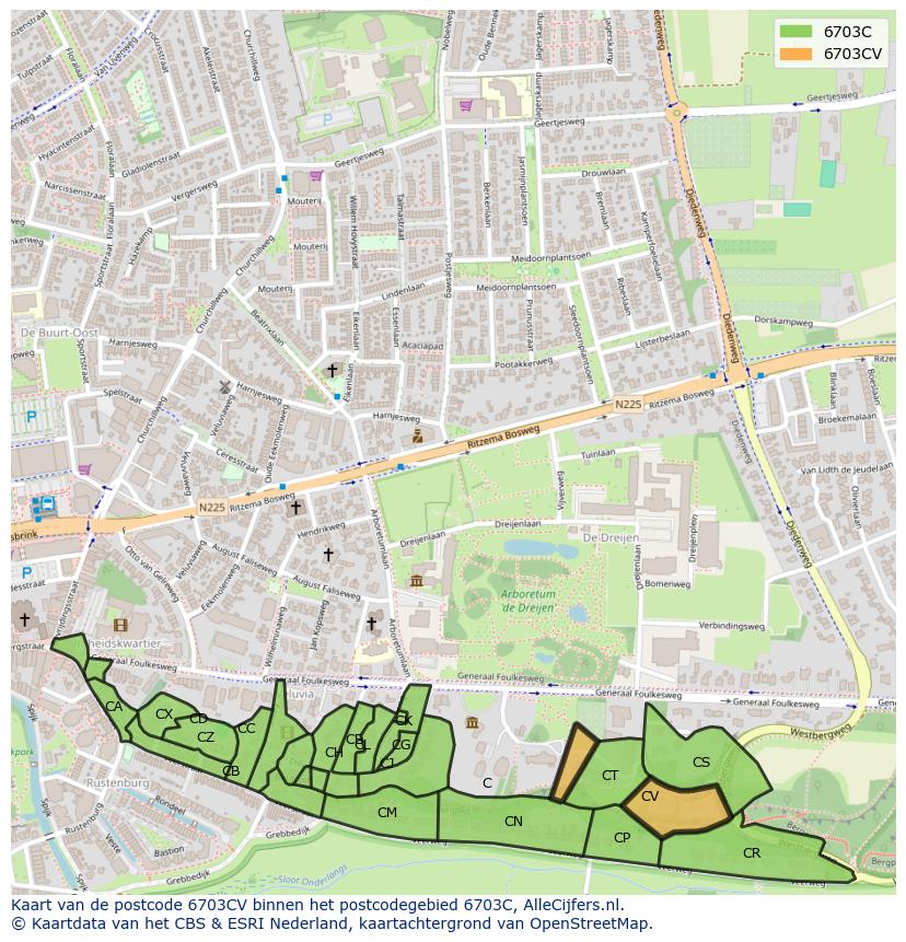 Afbeelding van het postcodegebied 6703 CV op de kaart.
