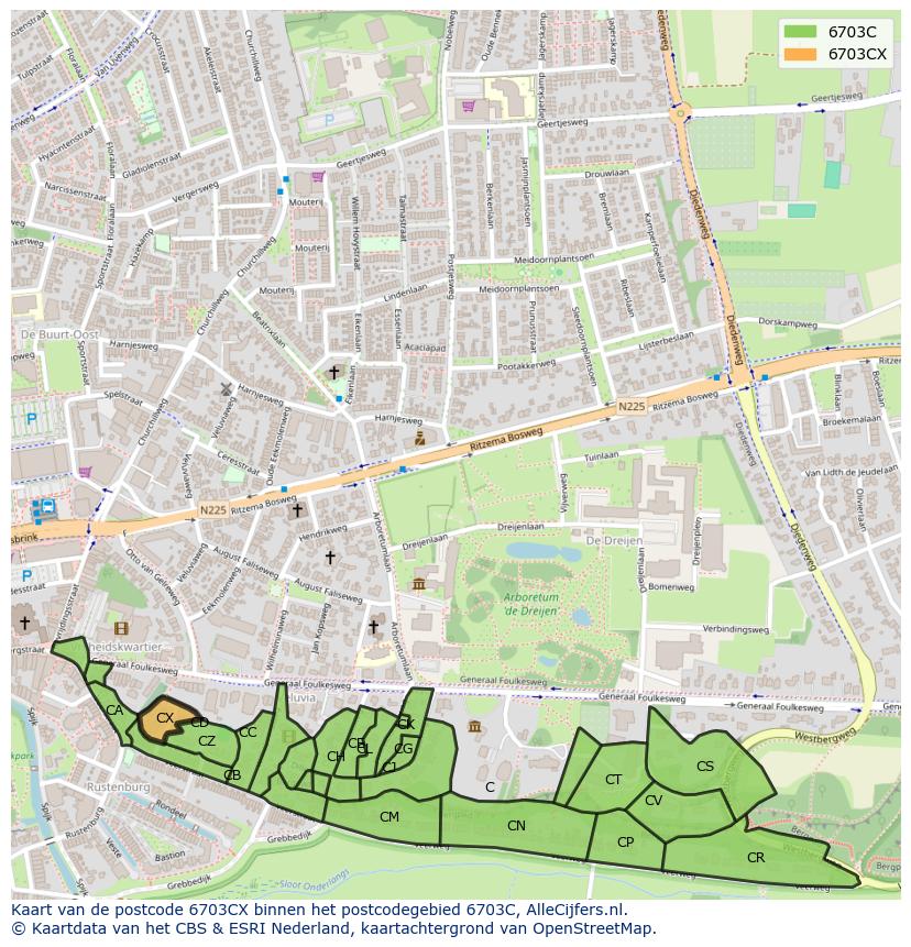 Afbeelding van het postcodegebied 6703 CX op de kaart.