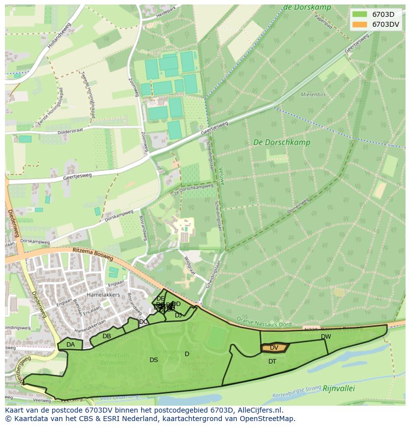 Afbeelding van het postcodegebied 6703 DV op de kaart.
