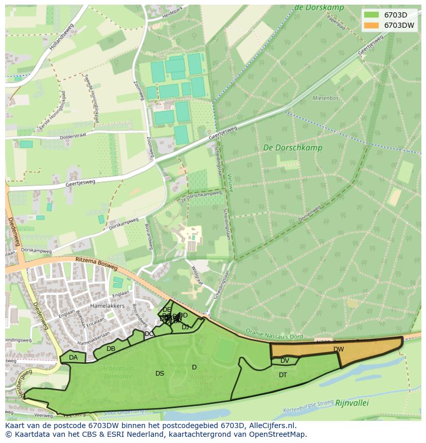 Afbeelding van het postcodegebied 6703 DW op de kaart.