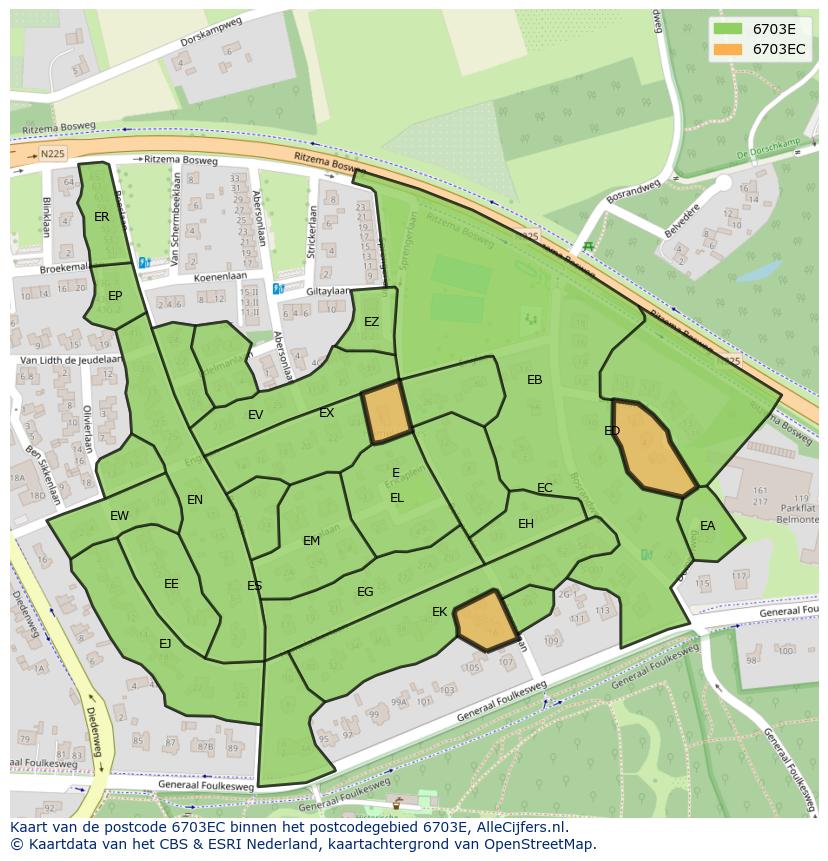 Afbeelding van het postcodegebied 6703 EC op de kaart.