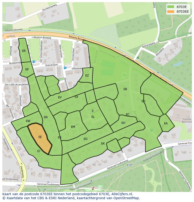 Afbeelding van het postcodegebied 6703 EE op de kaart.