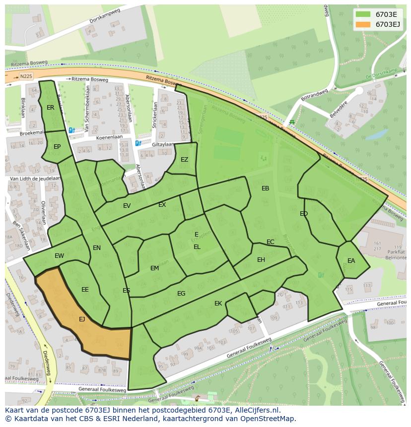 Afbeelding van het postcodegebied 6703 EJ op de kaart.