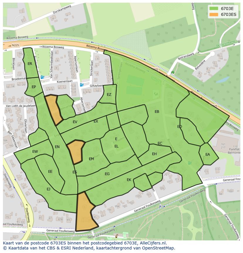 Afbeelding van het postcodegebied 6703 ES op de kaart.