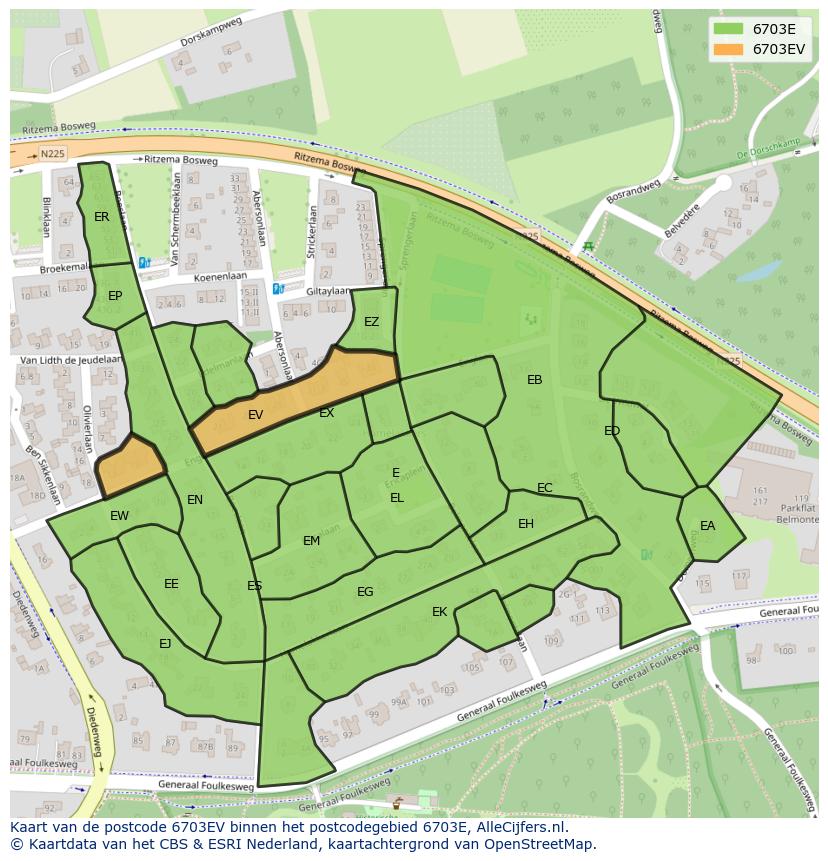 Afbeelding van het postcodegebied 6703 EV op de kaart.