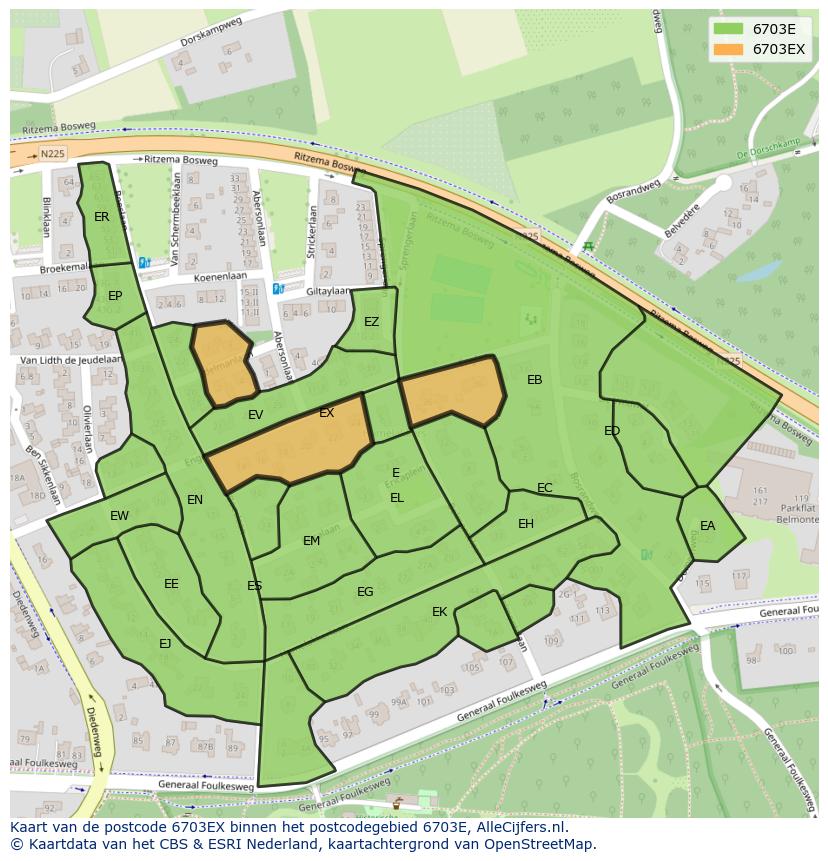 Afbeelding van het postcodegebied 6703 EX op de kaart.