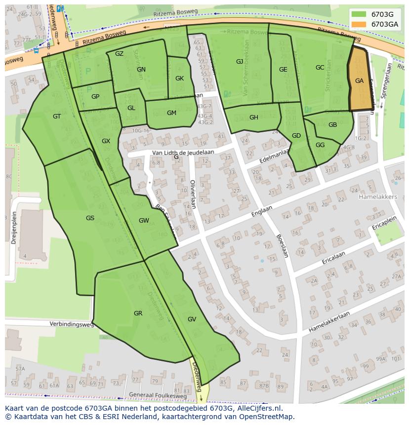 Afbeelding van het postcodegebied 6703 GA op de kaart.