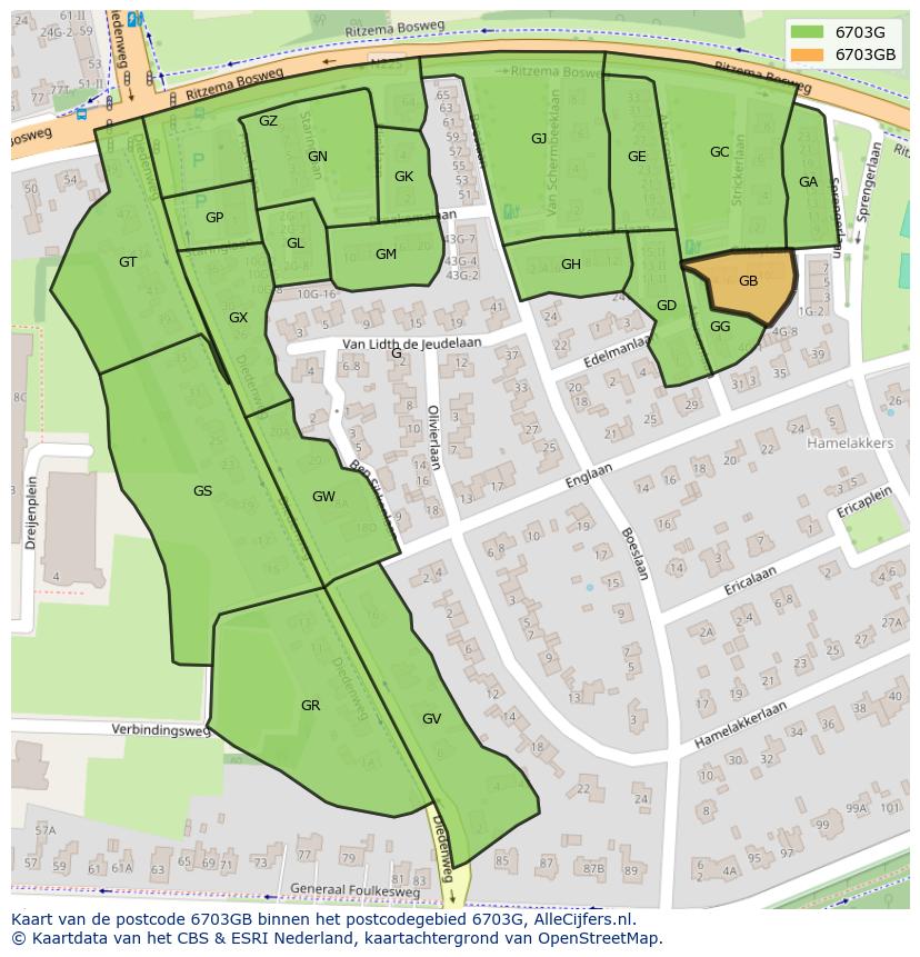 Afbeelding van het postcodegebied 6703 GB op de kaart.