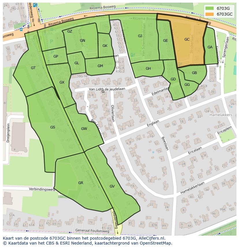 Afbeelding van het postcodegebied 6703 GC op de kaart.