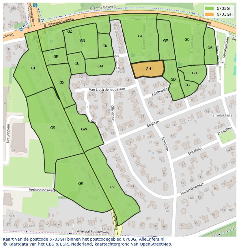 Afbeelding van het postcodegebied 6703 GH op de kaart.