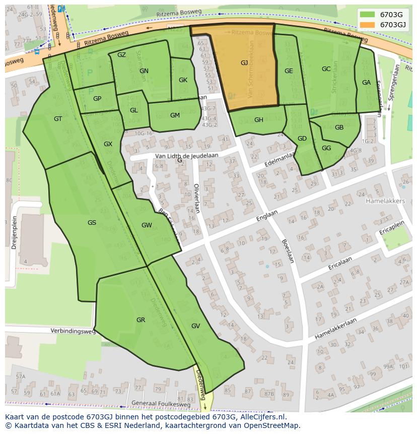 Afbeelding van het postcodegebied 6703 GJ op de kaart.