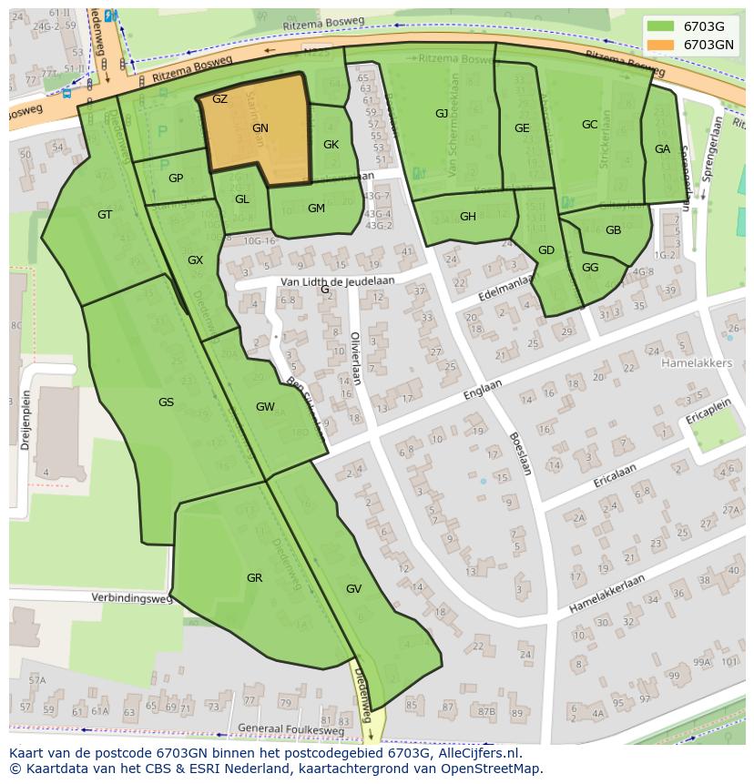Afbeelding van het postcodegebied 6703 GN op de kaart.