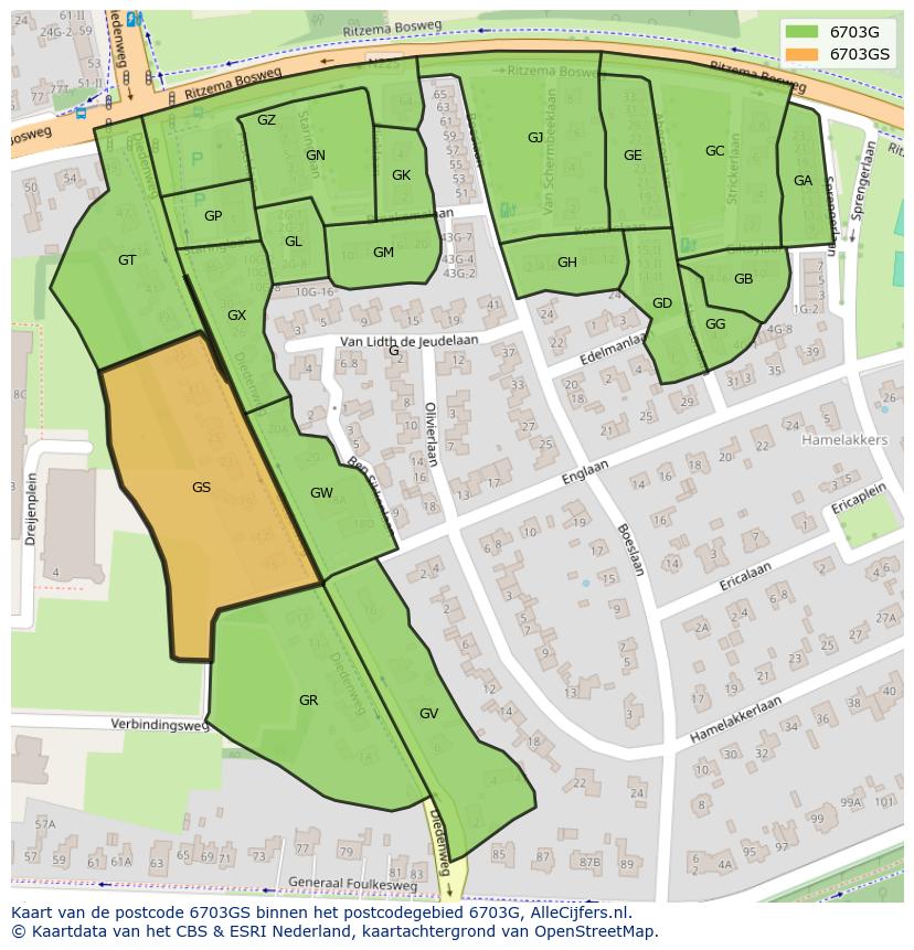 Afbeelding van het postcodegebied 6703 GS op de kaart.