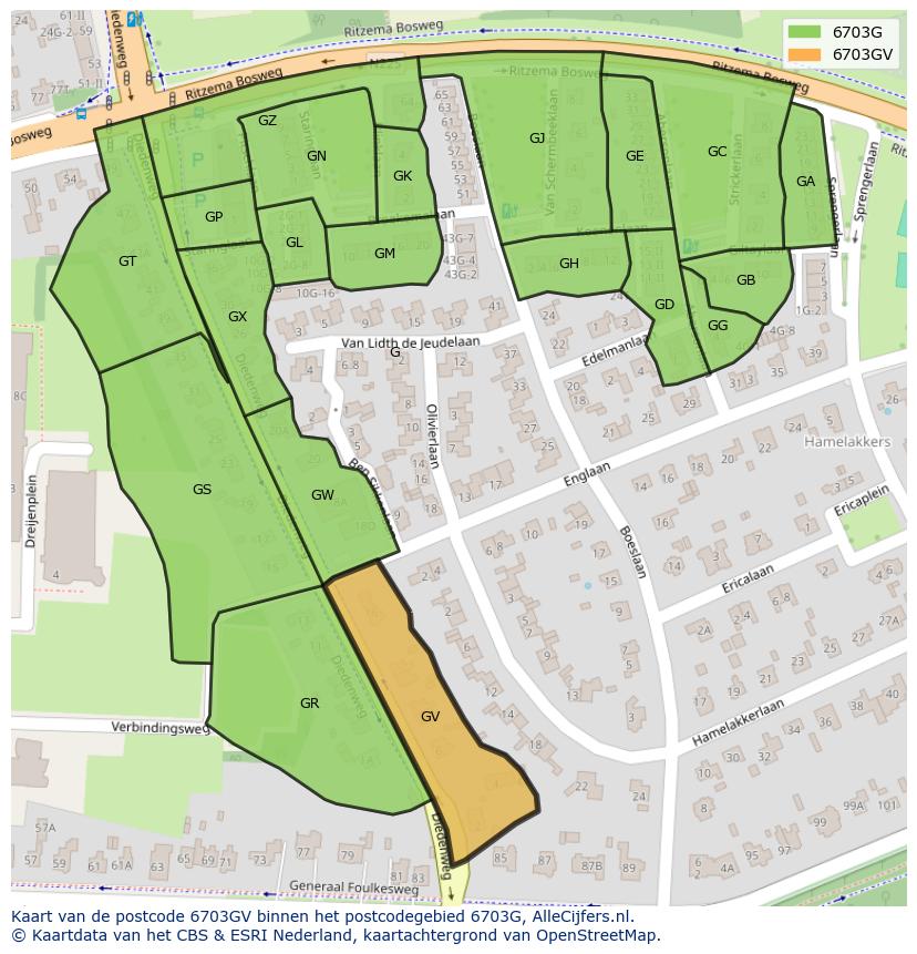 Afbeelding van het postcodegebied 6703 GV op de kaart.