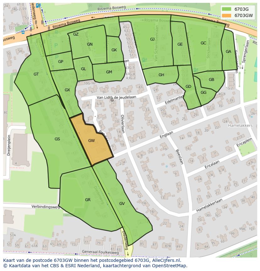 Afbeelding van het postcodegebied 6703 GW op de kaart.