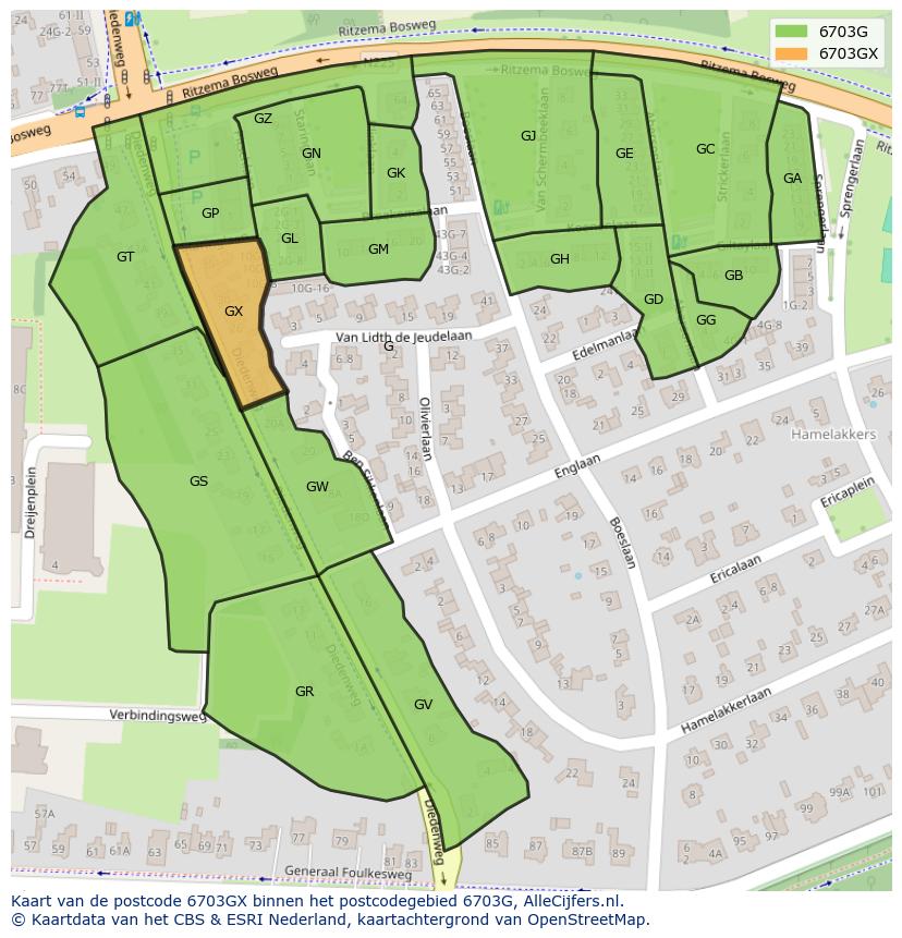 Afbeelding van het postcodegebied 6703 GX op de kaart.