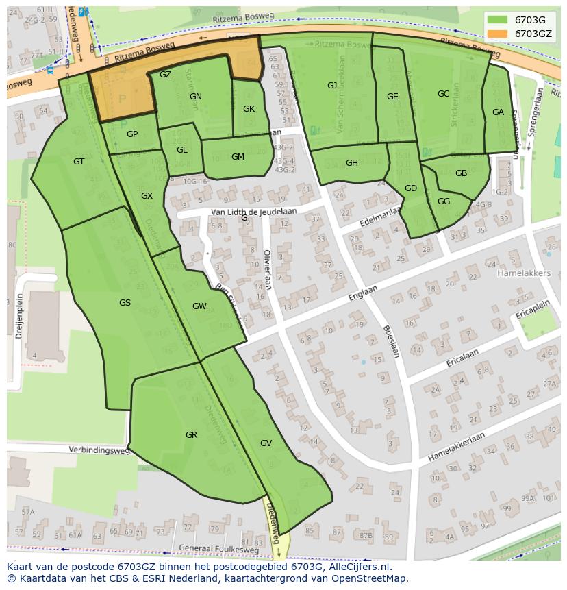 Afbeelding van het postcodegebied 6703 GZ op de kaart.