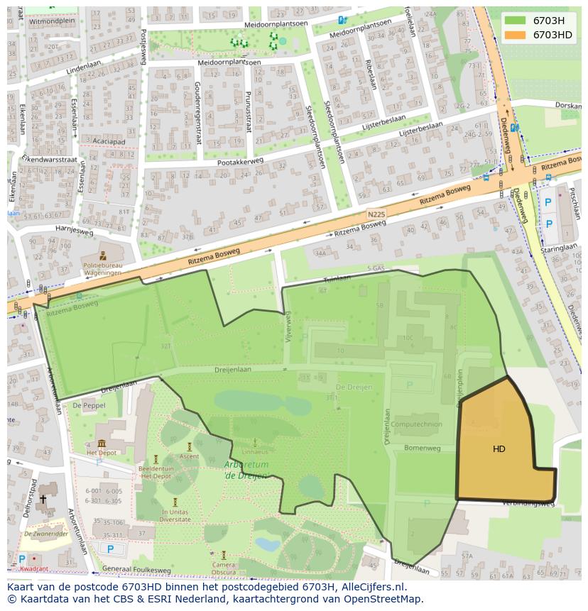 Afbeelding van het postcodegebied 6703 HD op de kaart.