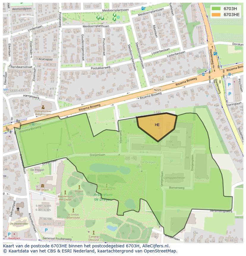 Afbeelding van het postcodegebied 6703 HE op de kaart.