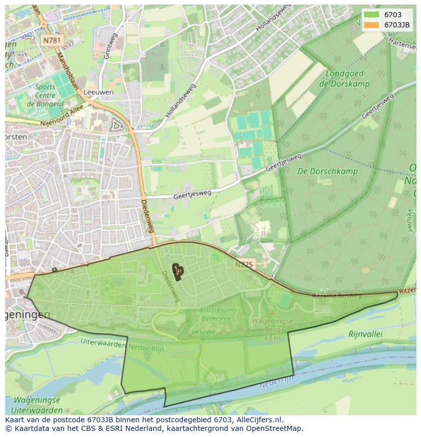 Afbeelding van het postcodegebied 6703 JB op de kaart.