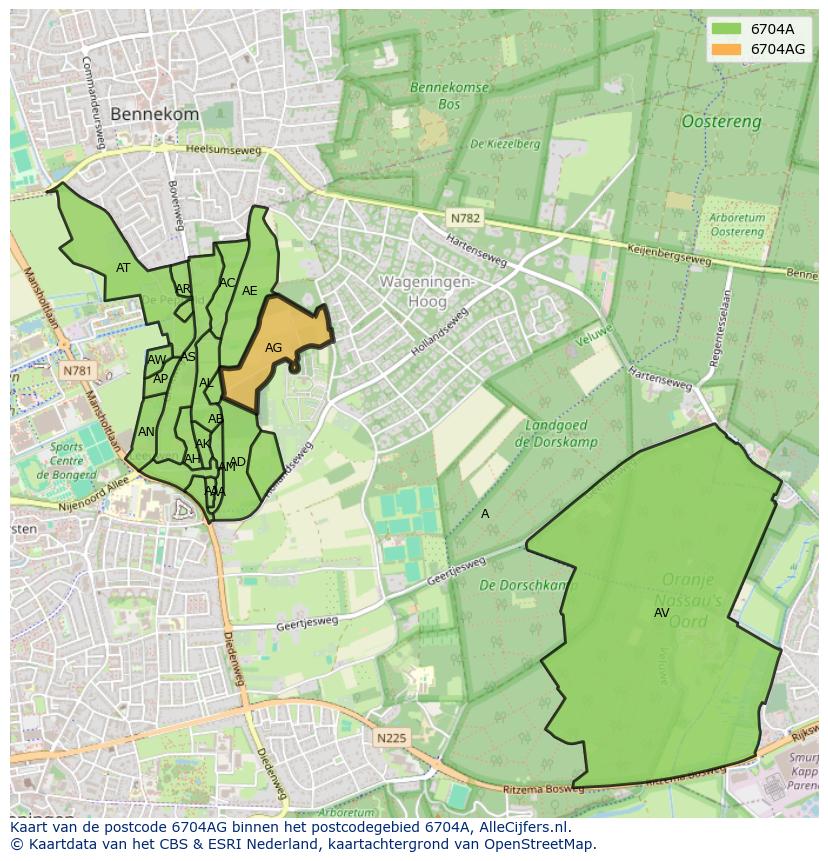 Afbeelding van het postcodegebied 6704 AG op de kaart.