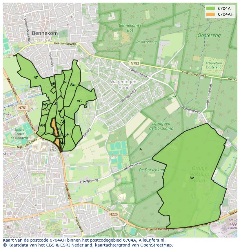 Afbeelding van het postcodegebied 6704 AH op de kaart.